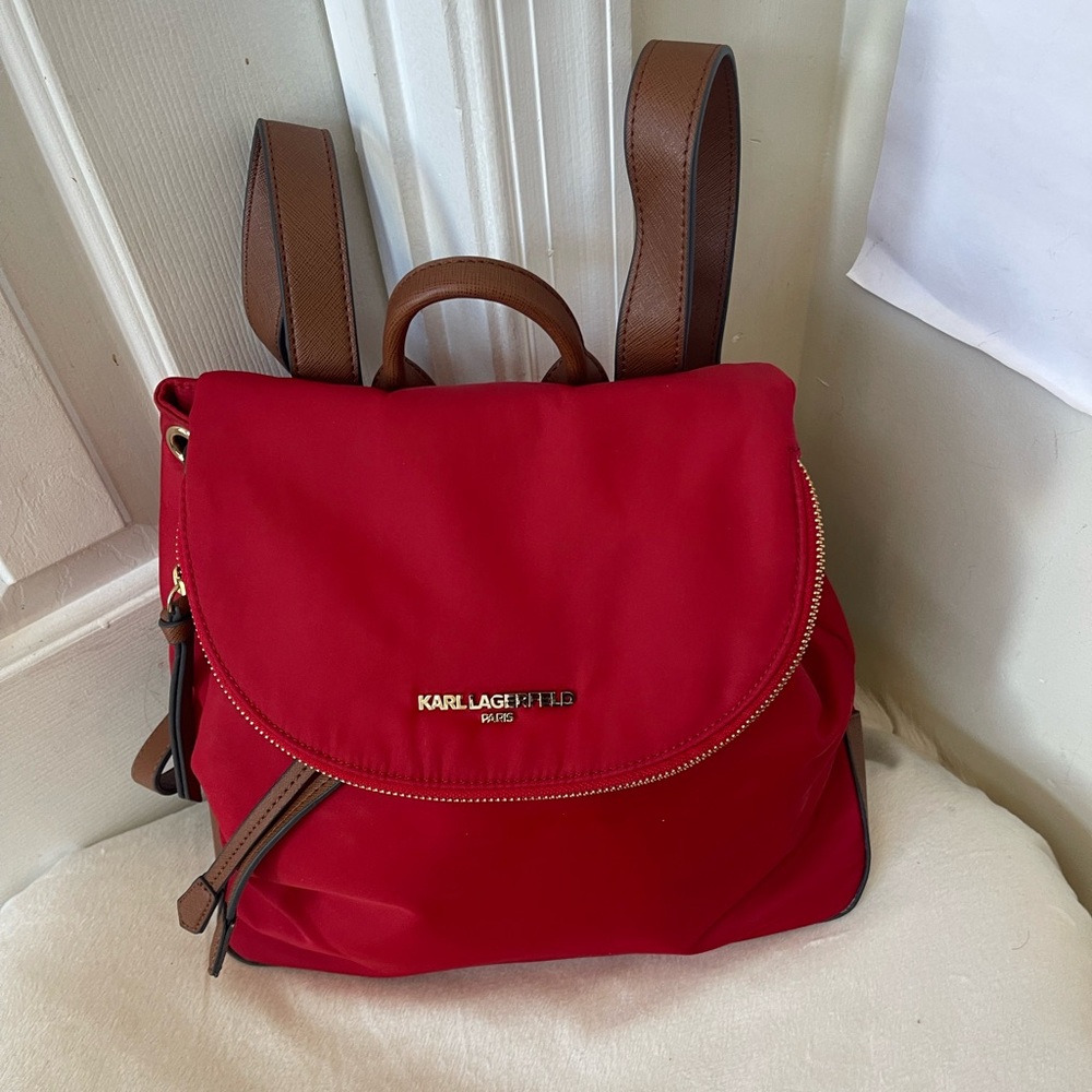 Karl Lagerfeld Cherry Red Backpack with Brown Accents EUC - Picture 9 of 9